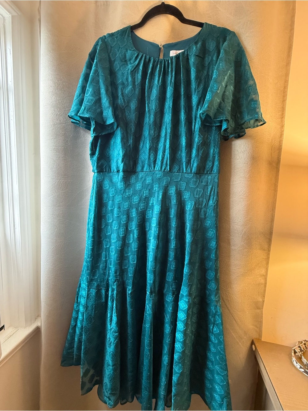 Liz Claiborne Teal Textured Flutter-Sleeve Midi Dress